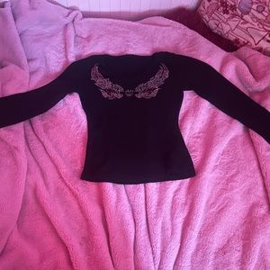 Y2K, rhinestone, black, XS, long sleeve crop top.